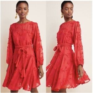 Anthropologie Mare Mare Amal Textured Floral Embroidered Red Dress Size XS